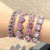 Iced Out Pink Cuban Bracelet for Women Hip Hop Gold Silver Color Crystal Heart Circle Square Bracelet 4Pcs Set Jewelry Gift