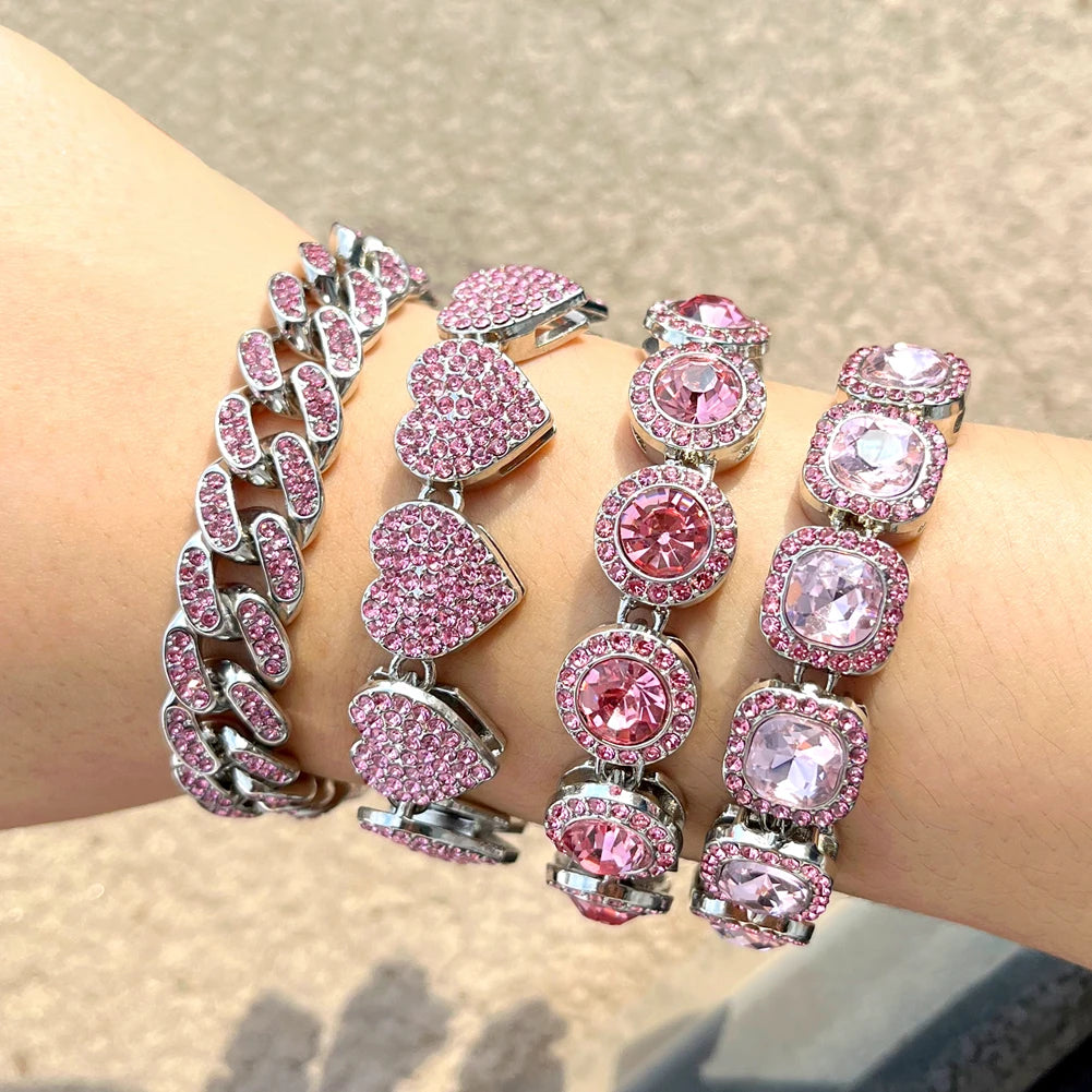 Iced Out Pink Cuban Bracelet for Women Hip Hop Gold Silver Color Crystal Heart Circle Square Bracelet 4Pcs Set Jewelry Gift