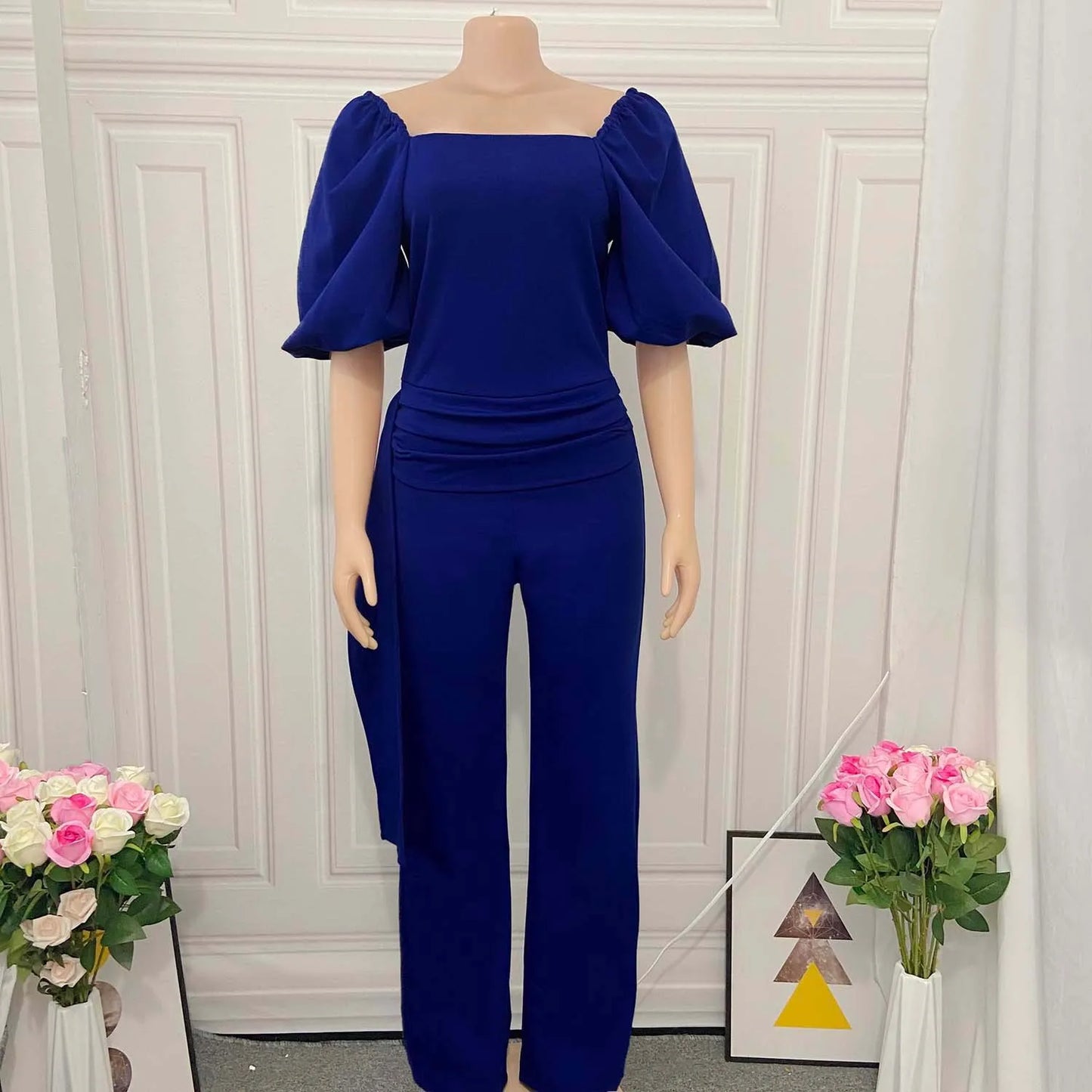 Elegant Jumpsuits for Women Luxury Square Neck Lantern Sleeve Big Swing Straight Female Birthday Party Dinner Outfits Overalls