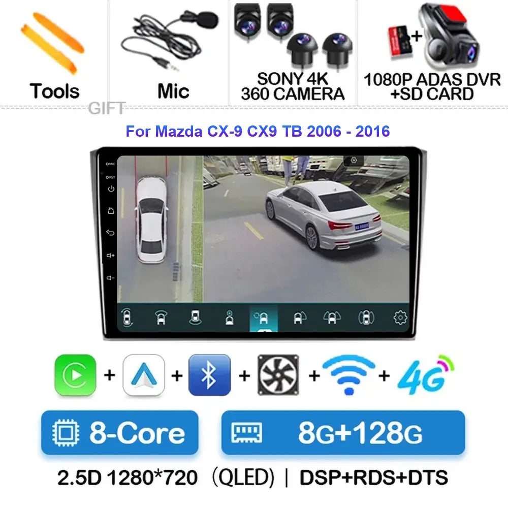 Android 14 Carplay Auto For Mazda CX9 CX-9 TB 2006 2007 2008 2009 2010 2016 Car Radio Multimedia Player Video Stereo WIFI+4G DSP
