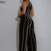 HLJ Elegant Stripe Patchwork Jumpsuits Women Halter Sleeveless Bow Belted Wide Legs Rompers Female Night Clubwear Overalls New