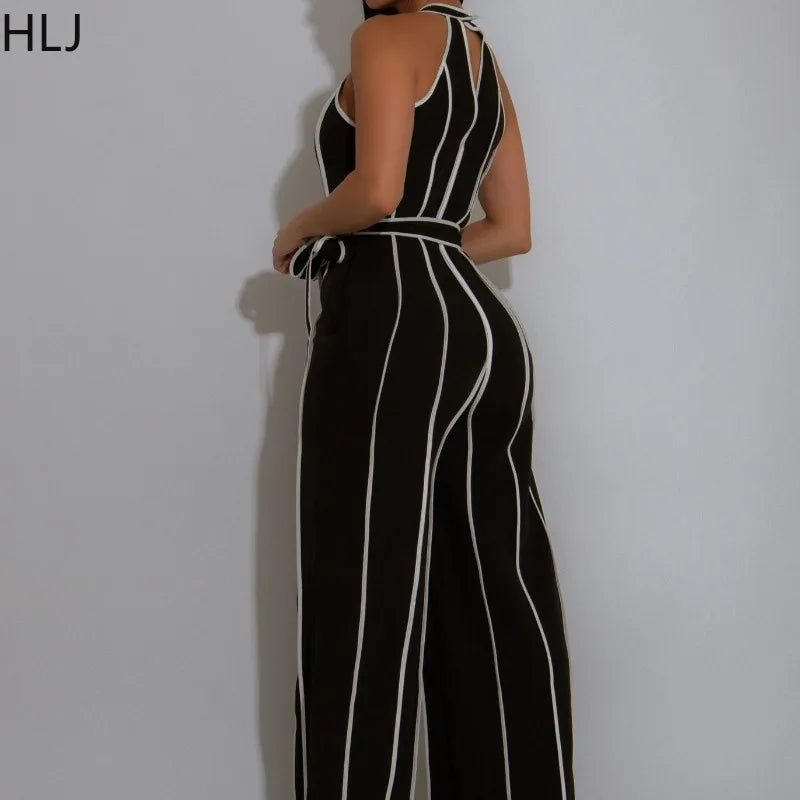 HLJ Elegant Stripe Patchwork Jumpsuits Women Halter Sleeveless Bow Belted Wide Legs Rompers Female Night Clubwear Overalls New
