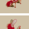Women Rabbit White Fur Clear PVC Slippers Square Toe Stilettos Slides Transparent Crystal High Heels Sandals Mules Glass Heels