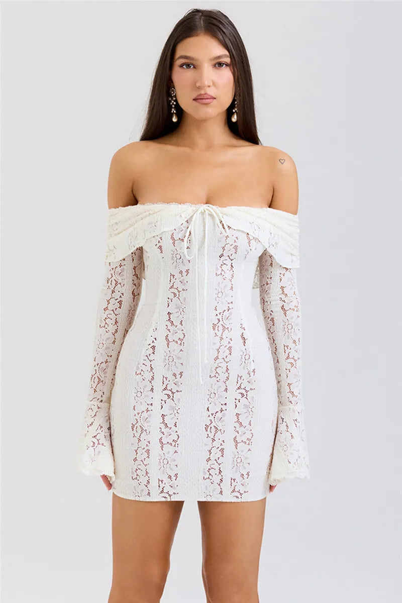 Mozision Floral Lace Off-shoulder Maxi Dress For Women White Strapless Backless Long Sleeve Bodycon Club Party Sexy Long Dress