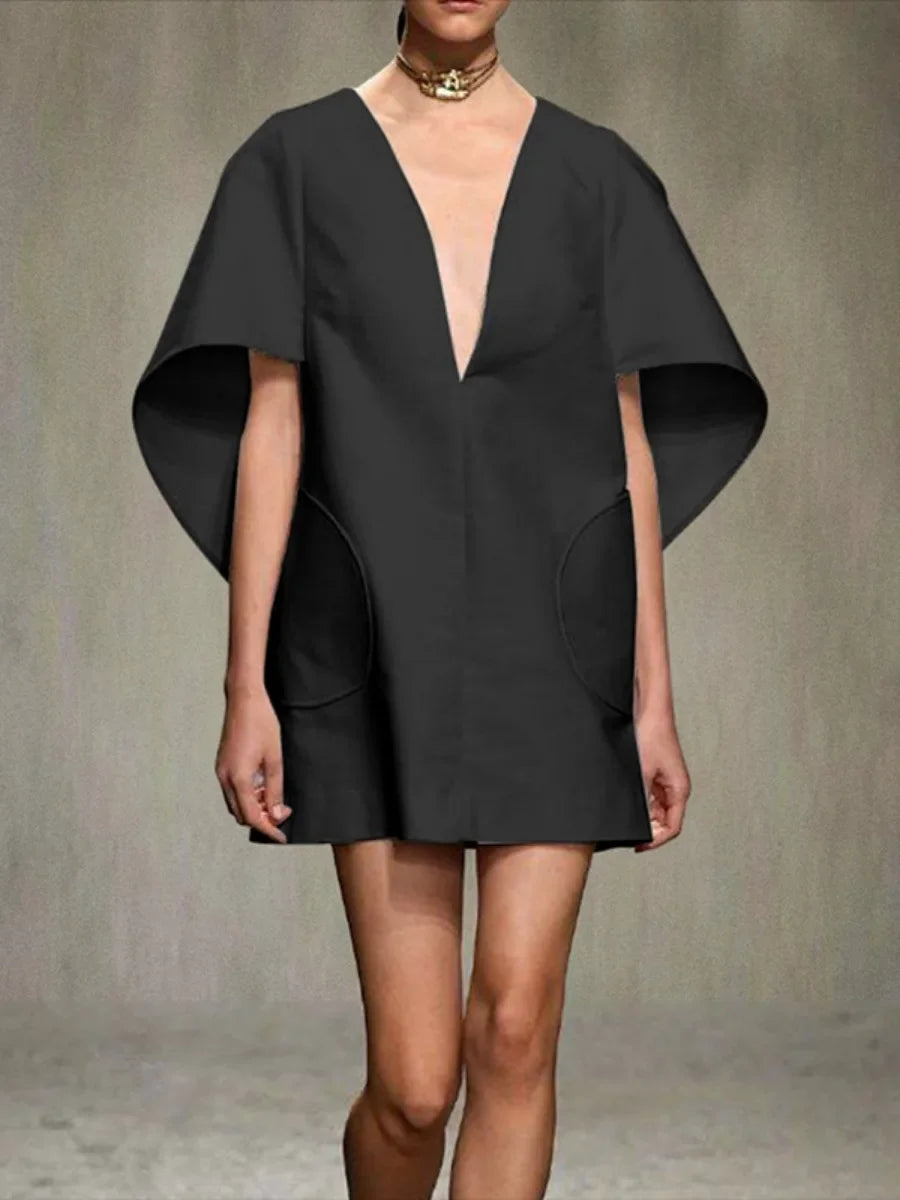 Yeezzi Fashion Black White Color Short Dress For Women 2025 New Spring Deep V-neck Half Sleeves Loose Prom Party Mini Dresses
