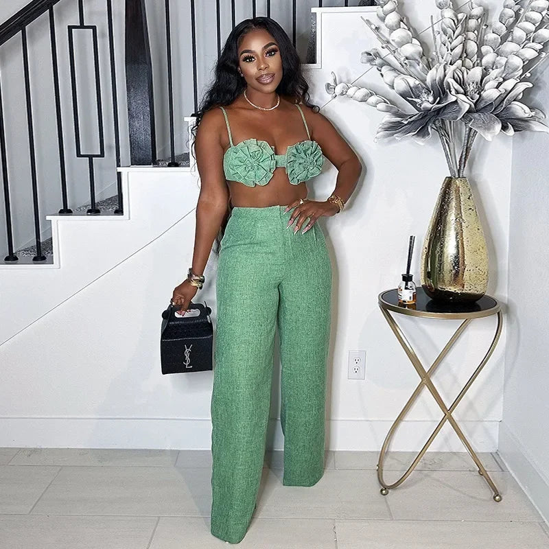 Women's Set Sleeveless 3D Flower Crop Bra Top+Wide Leg Pants Elegant beach holiday Two 2 Piece Set Outfits
