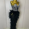 Stock 2025 Women Sexy Sparkly Rhinestone Mesh Feather Long Dress Elegant Evening Party Celebrate Birthday Performance Costume
