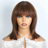 Lekker 12" Short Brown Wolf Cut Straight Bob Human Hair Wigs With Bangs For Women Brazilian Remy Hair Ready to Wear Glueless Wig