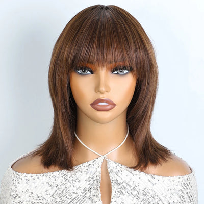 Lekker 12" Short Brown Wolf Cut Straight Bob Human Hair Wigs With Bangs For Women Brazilian Remy Hair Ready to Wear Glueless Wig