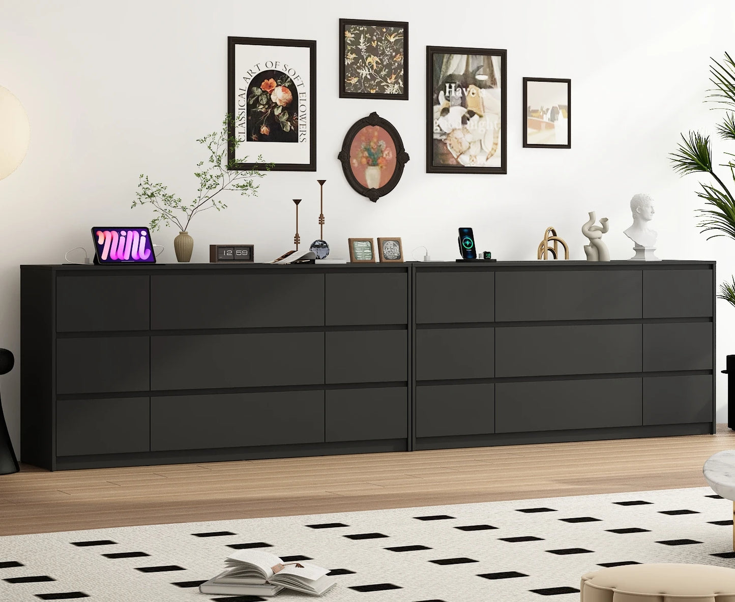 9 Drawer Dresser for Bedroom with Charging Station, 63" Modern Large Wood Chest of Drawers Handle Free, Black/White