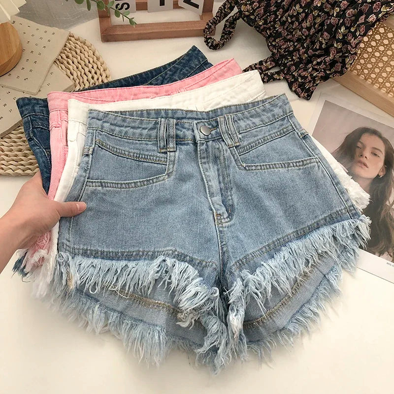 ITOOLIN Women Vintage Tassels Denim Shorts Button Loose High Waist A-line Jean Shorts Casual Women Office Trousers Streetwear
