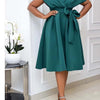 Dress Women Mid Length Dresses A Line Vestidos Slim Fit V Neck Short Sleeve Tight Waist Elegant Splice Lace Up Bow Summer