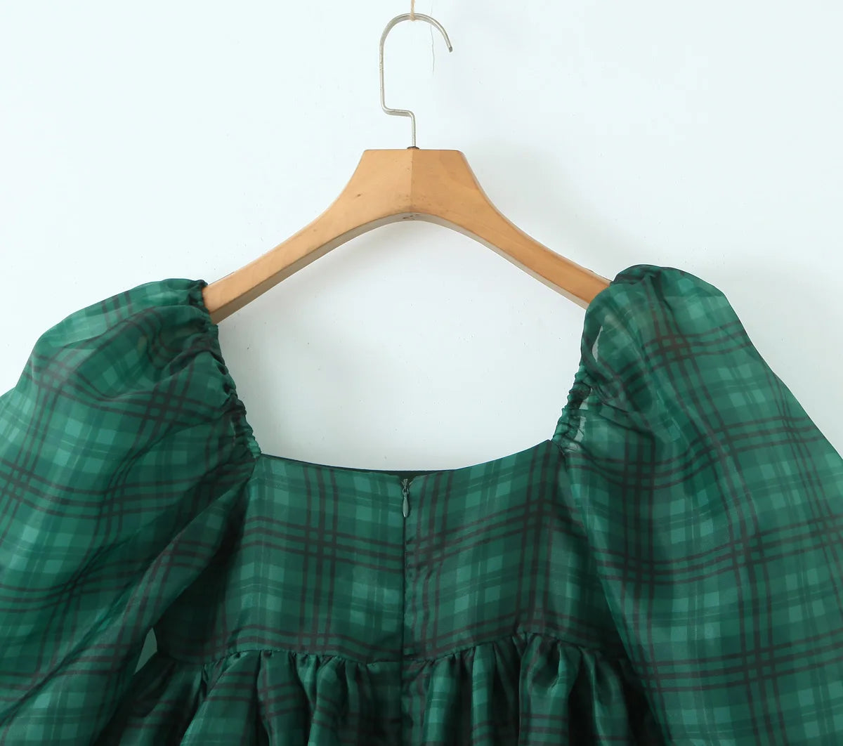 2024 Sweet Green Gingham Plaid Organza Ball Gown Dress Puff Sleeve Retro Women Swing Short Princess Robe Fairy Cake Vestidos