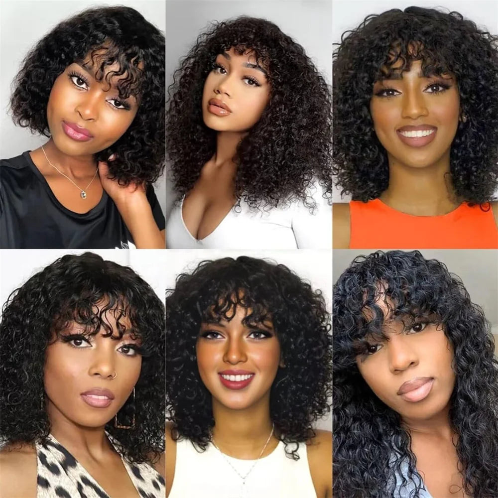 Kinky Curly Short Bob Wig with Bangs Human Hair Straight Bang Bob Wig Glueless Minimalist 2x1 Lace Scalp Bob Bang Wig For Women