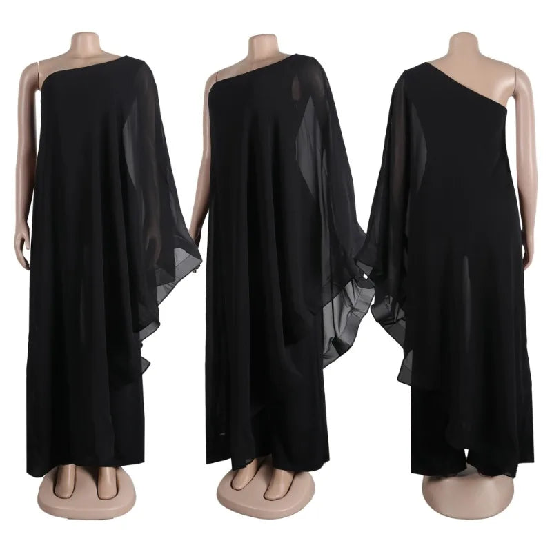 Sexy Chic Women One Shoulder Jumpsuit Chiffon Long Sleeve Prom Party Clothes Designer One Piece Ruffles Rompers 2023