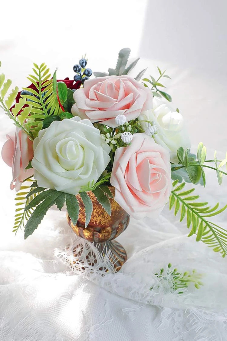 Artificial Flowers 25pcs Real Looking Blush Foam Fake Roses with Stems for DIY Wedding Bouquets Bridal Shower Centerpieces