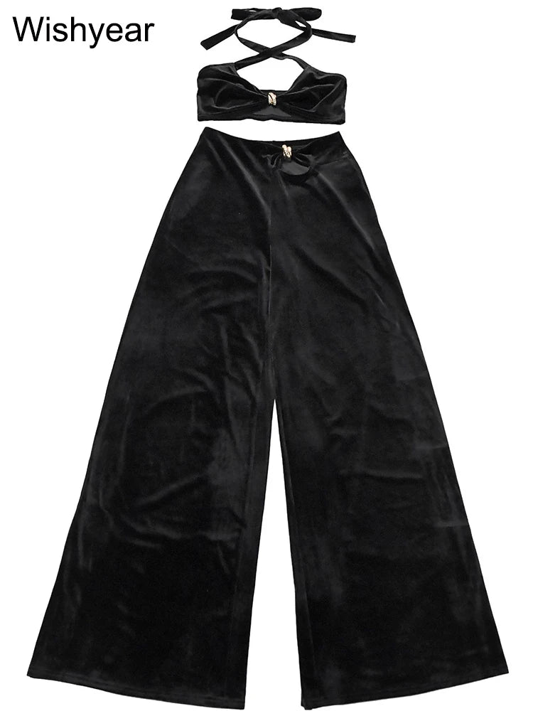 Wishyear Sexy Black Women's Halter Bandage Cross Top amd Wide Leg Pants Two 2 Piece Sets Sexy Night Club Party Evening Outfits