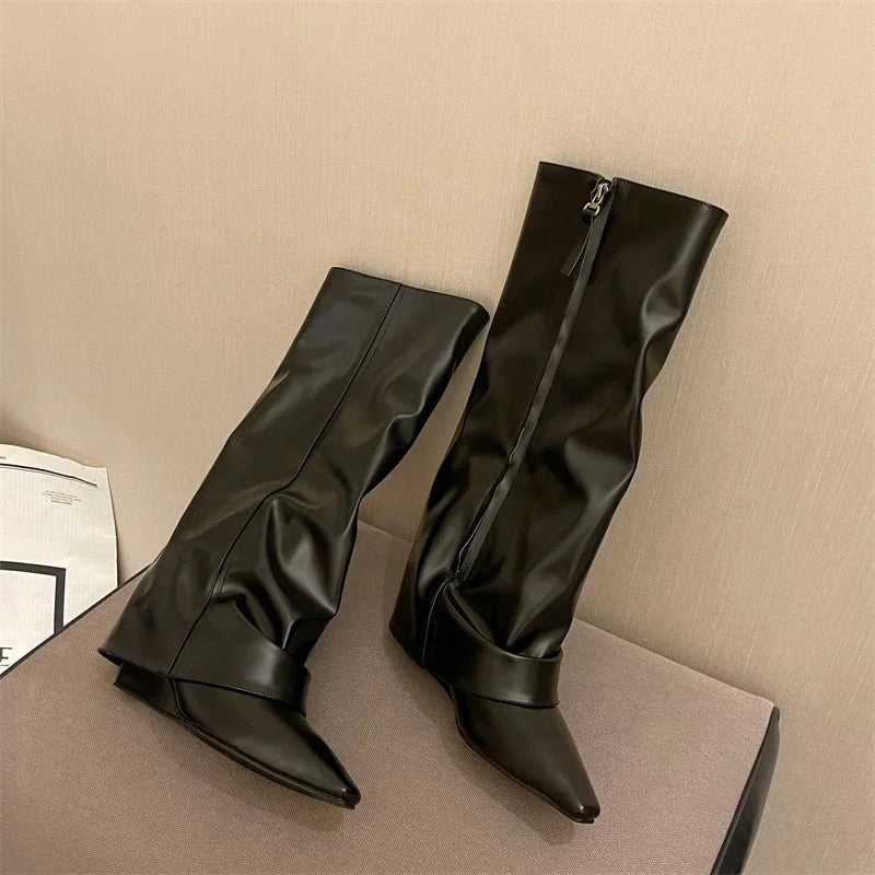 Designer Women Trouser Legs High Boots Fashion Side Zippers Long Boots Thick High Heels Autumn Winter Ladies Shoes