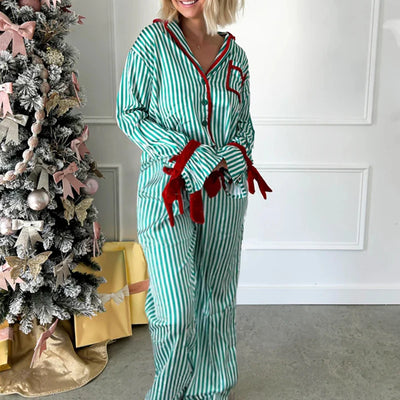 Christmas Pajamas Striped Button Up Crop Blouse Bowknot Long Sleeve Shirt Tops + Wide Leg Pants Women Holiday Lounge Sleepwear
