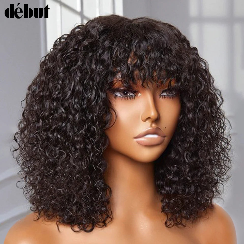 Fringe Bang Wig With Deep Wave Human Hair Water Wave Natural  Deep Curly Brazilian Hair Wigs 180% Density For Women