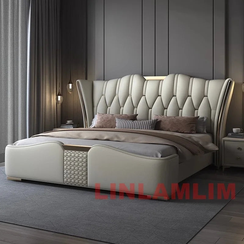 MINGDIBAO Luxury Modern Upholstered Bed Frame with Gold Accents, Genuine Leather Designer Bed, Queen/King Size Bedroom Furniture
