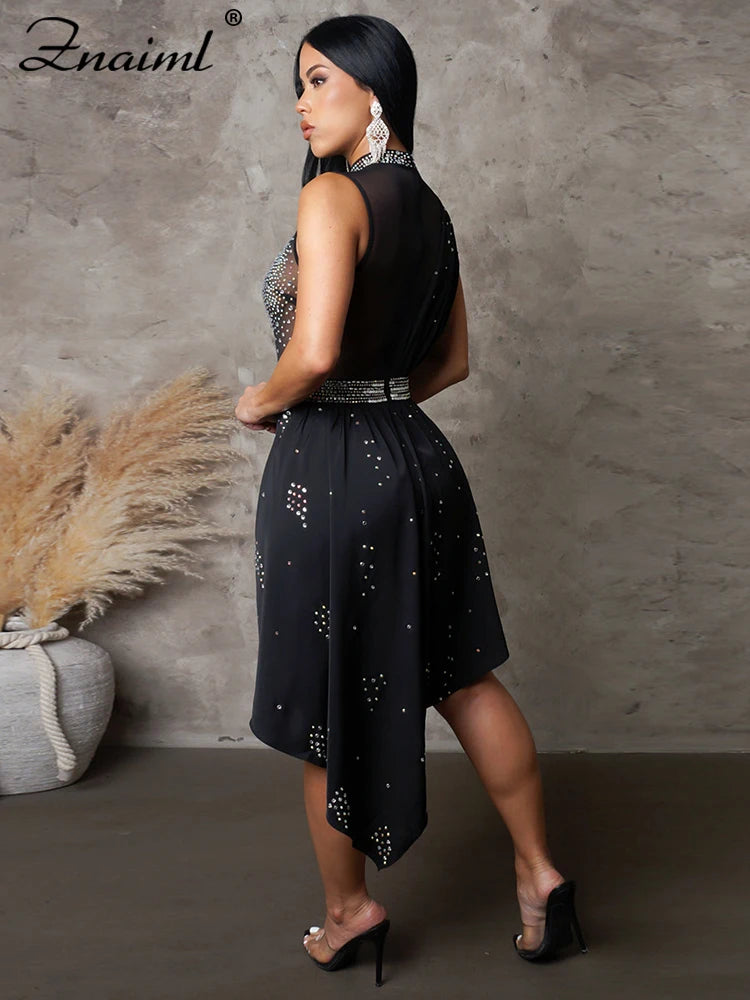 Znaiml Sexy Nightclub One Piece Outfit Romper Playsuit Women Birthday Diamonds Rhinestones Mesh Streamer Side Irregular Jumpsuit