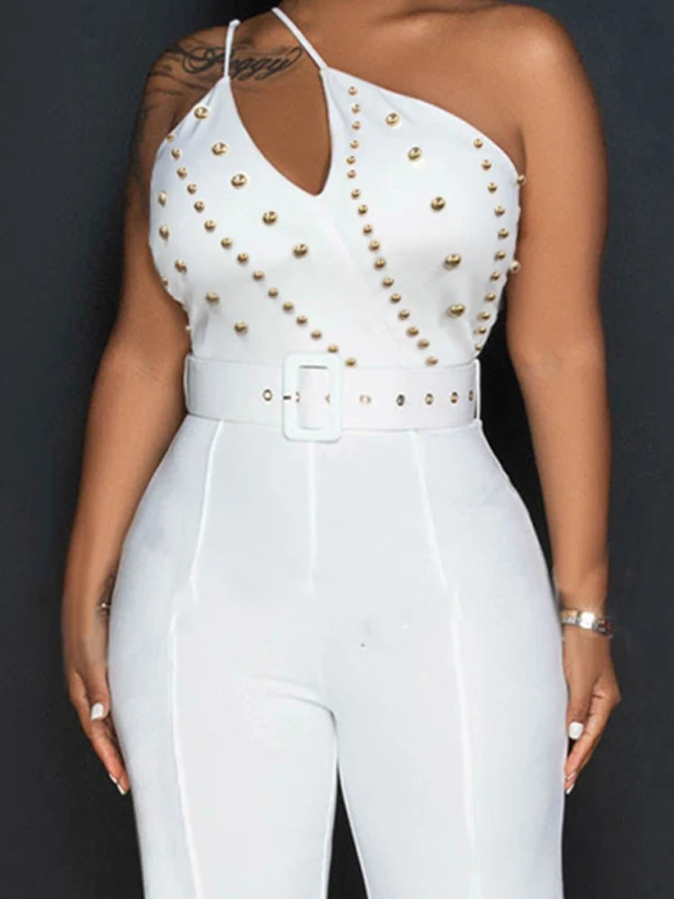Women One Shoulder Cutout Studded Jumpsuit With Belt