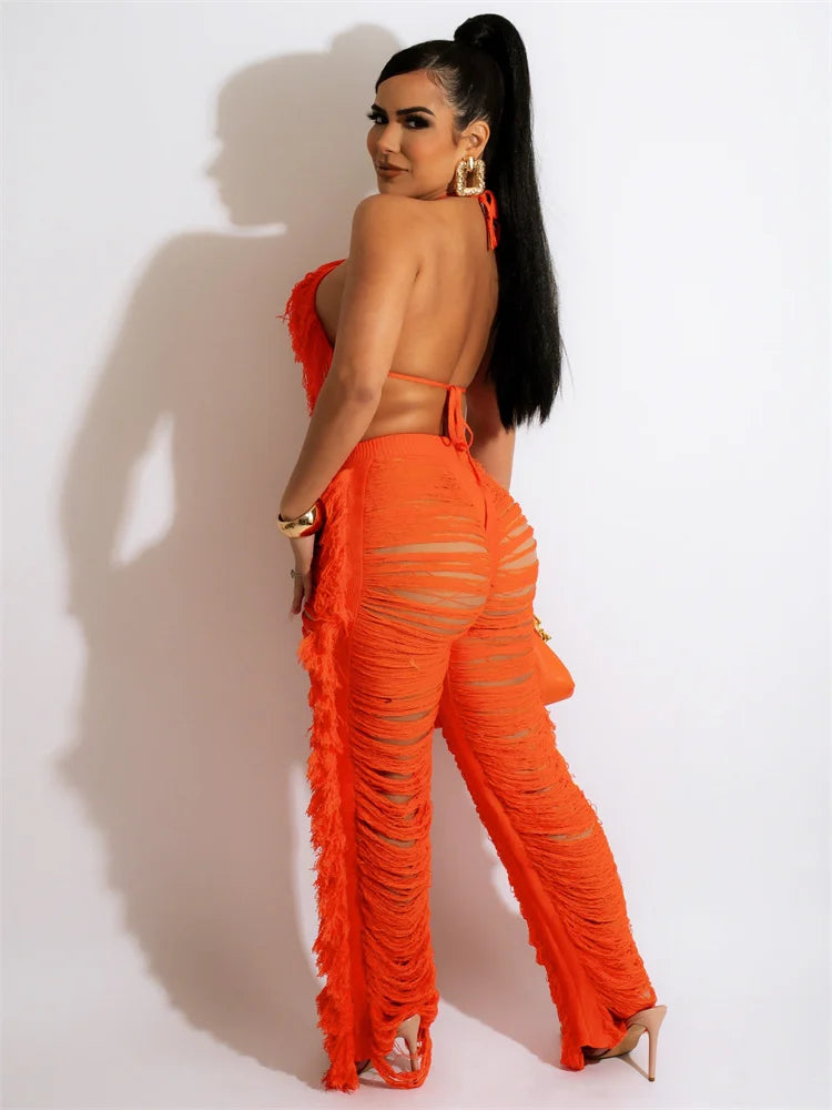 RT Sexy Women Crochet Set Two Pieces Set Halter Backless Top Pants Tassels Knitted 2 Pieces Set Hollow Out Crocheted Beach Set
