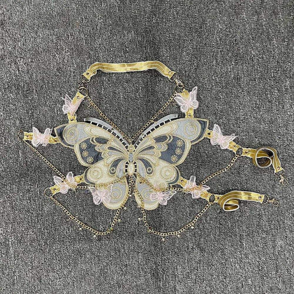 YOUR BUMP CURVE Sexy Woman Crystal Chain Butterfly Embroidery Sleeveless Backless Adjustable Ultra Short Top Music Prom