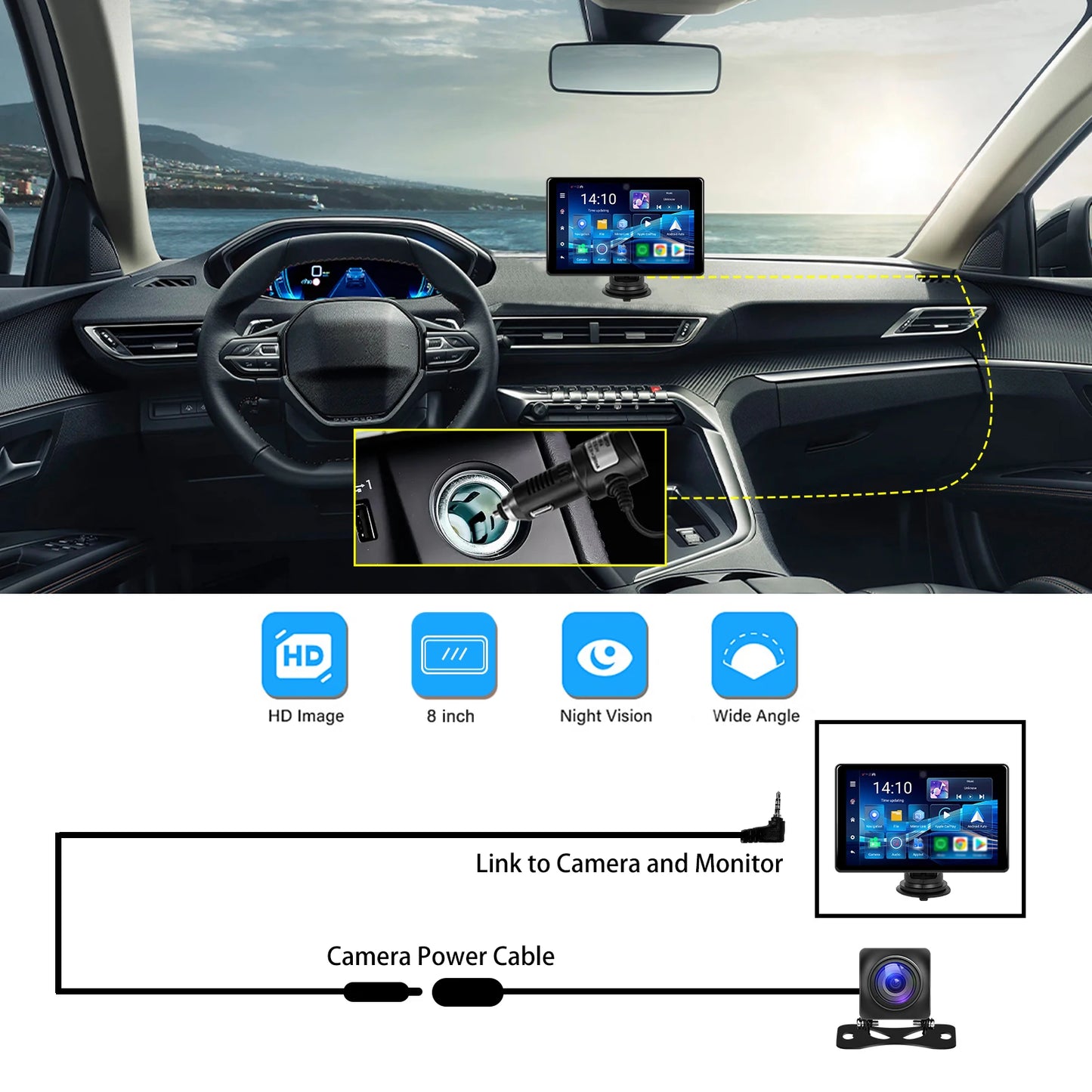Podofo Universal Car Screen 8-Inch Multimedia WIFI Video Player Wireless Carplay Screen for Apple or Android 4+64GB Navigation