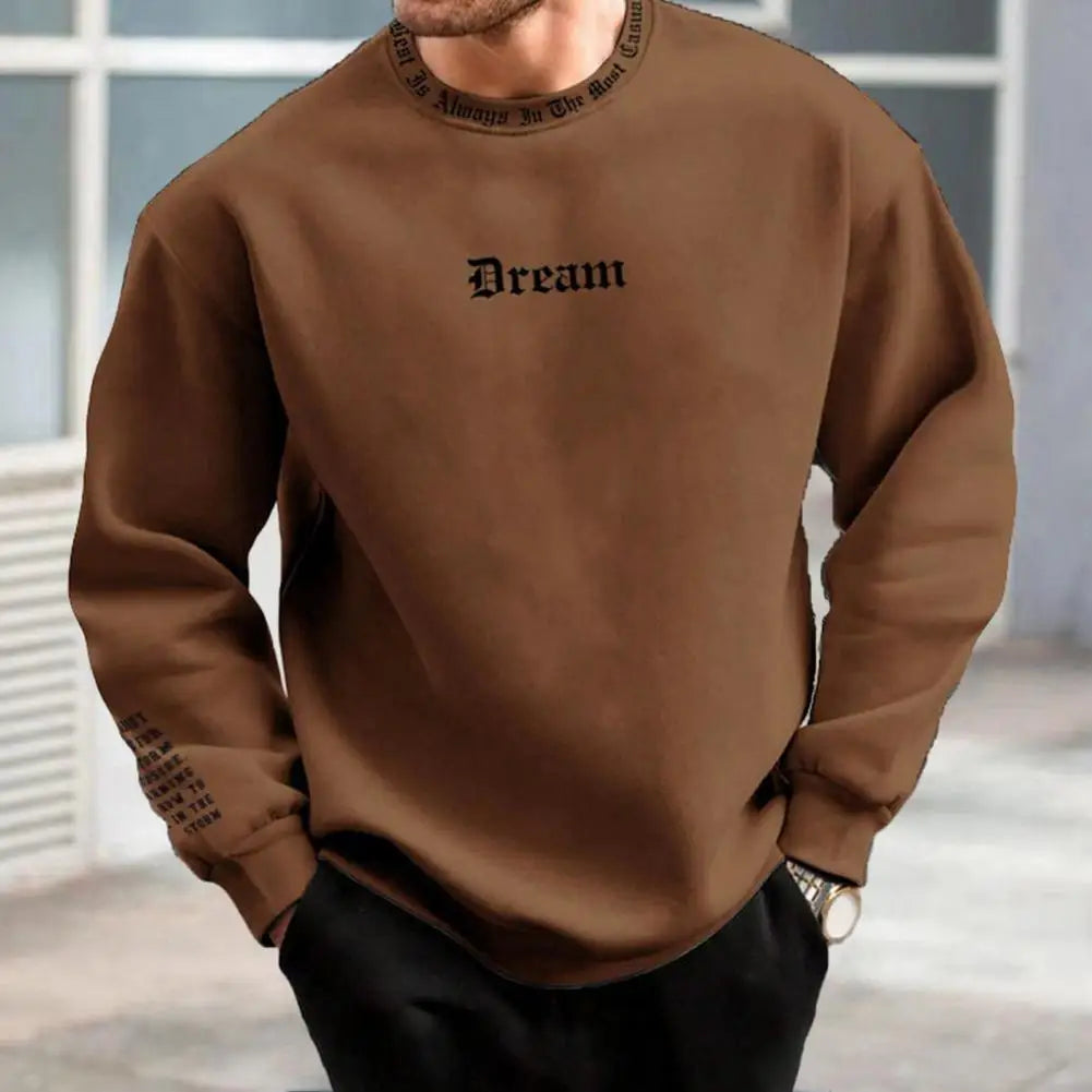 Men Fall Winter Sweatshirt Round Neck Long Sleeve Men Top Letter Print Thick Loose Warm Mid Length Men Casual Top
