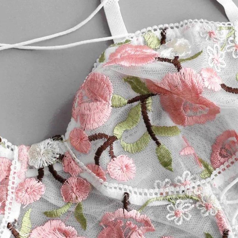 Embroidered Women's Lace One-piece Bodysuit Underwear with Spaghetti Strap Open Back Sexy Girl Bra Set Temptation Onesie