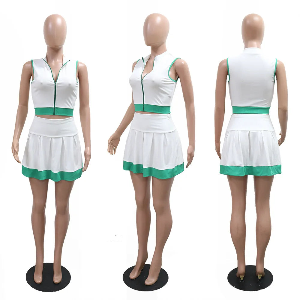 CM.YAYA Women's Set Sleeveless V-neck Vest  + Pleated Skirts 2025 Summer Cute Street Beach Two 2 Piece Sets Outfits Tracksuit