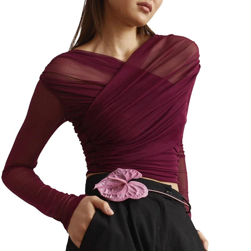 CUTENOVA Chic Design Cross Neck Crop Top Solid Color Mesh See Through Sexy Pleated Long Sleeve Elegant T-Shirt For Women Casual