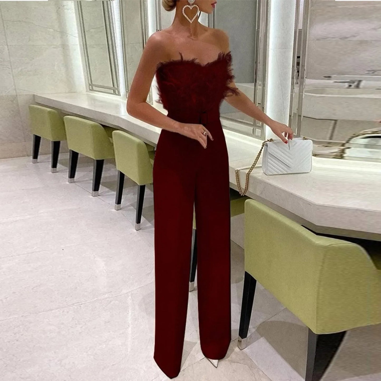 Women Jumpsuit Feather Tube Top Sexy Evening Party Jump Suits Sleeveless High-waisted Straight Playsuits Night Clubwear Overalls