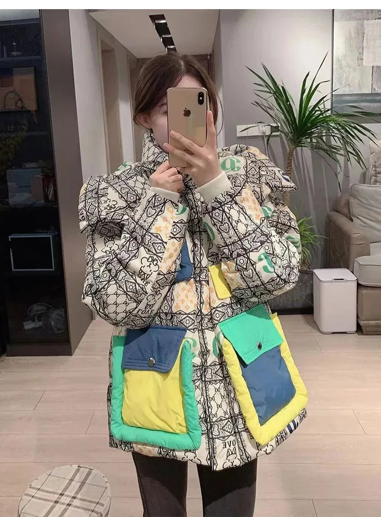 2023 European Station Winter New Down Jacket Women's Warm Fashion Short Color Patchwork Graffiti thick White Duck Down Coa