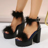 New Women's Summer Sandals Coarse-heeled Fur Rubber Sandals Shoes Women Platform Heels Mary Janes Shoes High Heels Leather Shoes