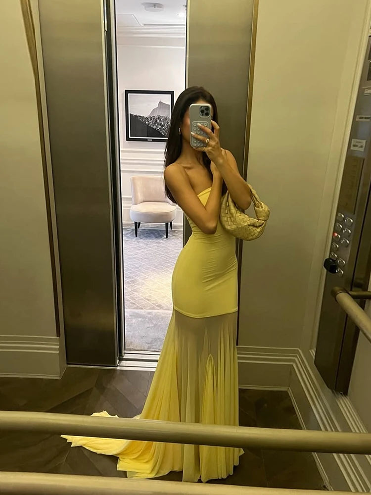 Weird Puss Patchwork See Through Dress Women Elegant Solid Pleated Strapless Sleeveless Backless Slim Banquet Party Vestidos