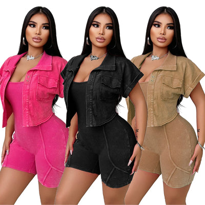 Women Clothes Sexy Female Fitness Gym Jumpsuit Shorts Acid Wash Vintage Bodycon Romper One Piece Short Sleeve Jacket 2 Piece Set