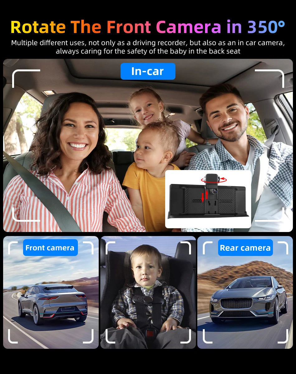 Develuck 10.26" Car DVR 350° Adjustable Carplay Android Auto Dash cam 4K Front&1080P Rear Camera Voice Control WIFI Dual lens FM