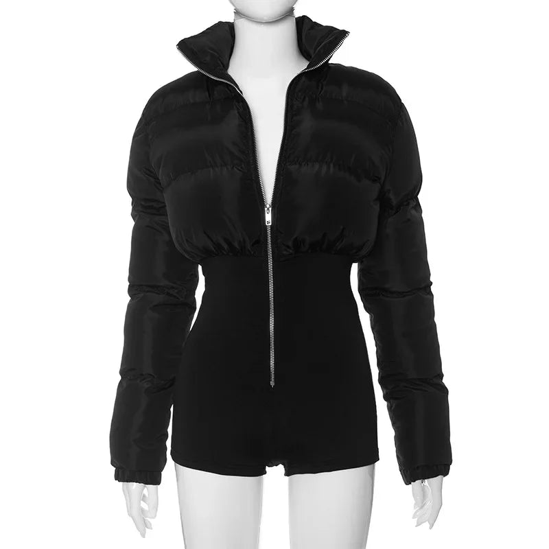 Leosoxs Fashion Women Long Sleeve Zipper Fly Turn-down Collar Parkas Patchwork Jumpsuit 2024 INS Playsuit One Piece Suit Romper