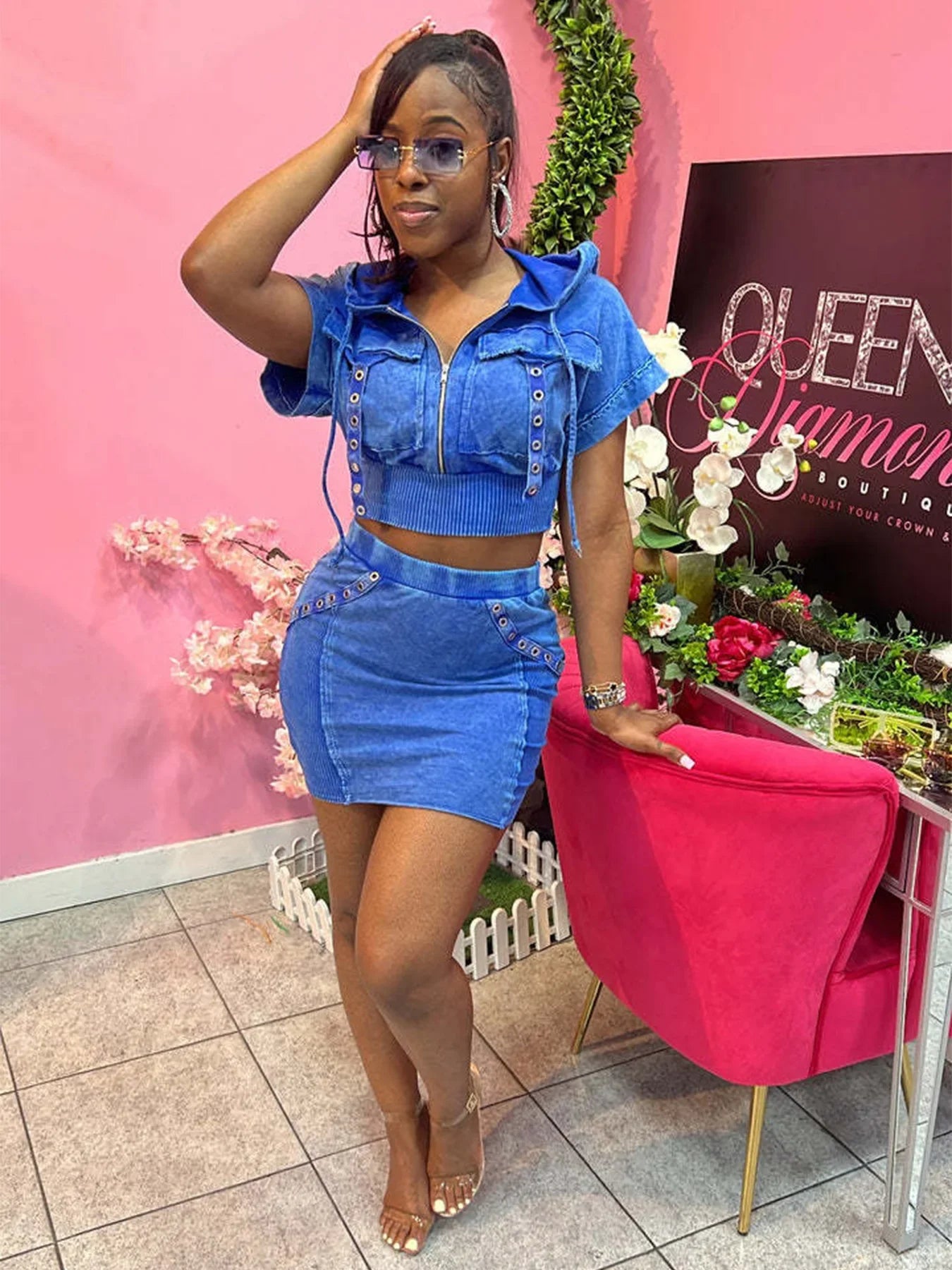 HLJ&GG Fashion Pocket Cargo Hooded Two Piece Sets Women Zip Slim Crop Top And Mini Skirts Outfits Female Washed 2pcs Streetwear