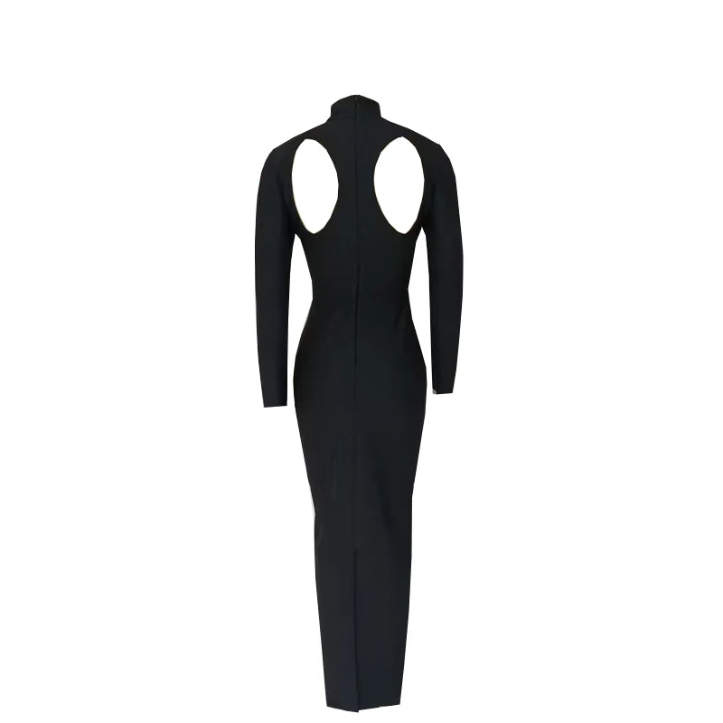 Women's Autumn Stretch Bandage Hollow Out Long Sleeve Slim Maxi Black Backless  Bodycon  Fashion Clubs Celebrity Party Dresses