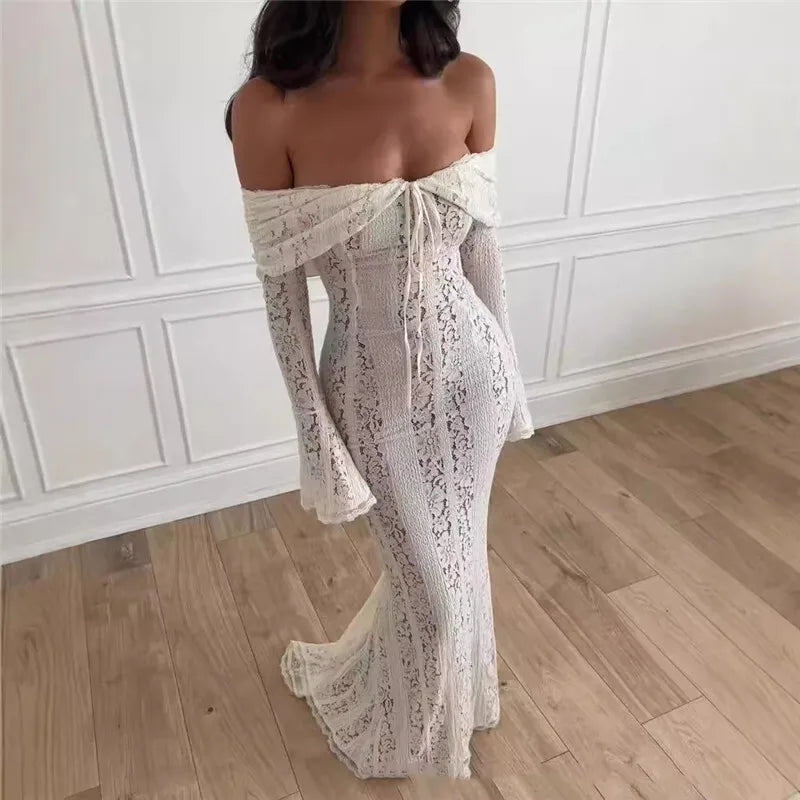 Mozision Floral Lace Off-shoulder Maxi Dress For Women White Strapless Backless Long Sleeve Bodycon Club Party Sexy Long Dress