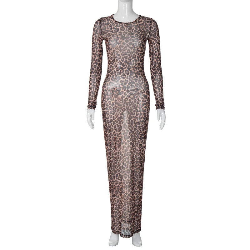 Dress Summer Women Leopard Print Mesh O Neck Long Sleeve Sexy See Through Maxi  Fashion Outfits Beach Vacation Nightclub