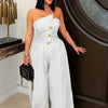 Beyprern New Chic Button Details Palazzo Jumpsuit One Piece Outfits Womens Ruched Strapless Wide Legs Jumpsuits Romper Clubwear
