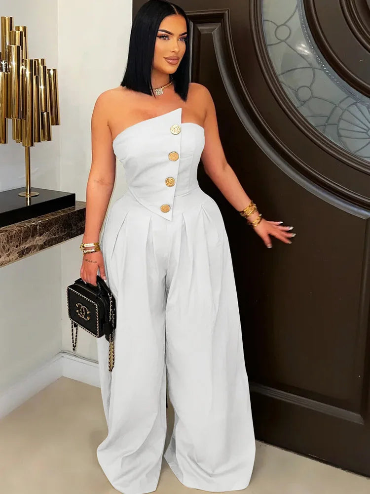 Beyprern New Chic Button Details Palazzo Jumpsuit One Piece Outfits Womens Ruched Strapless Wide Legs Jumpsuits Romper Clubwear