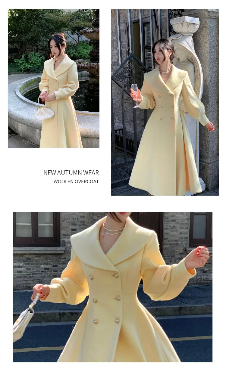 Plus Size 2024 Autumn/Winter New Style French Vintage Tweed Large Lapel Woolen Overcoat Long Sleeve Double Row Button Overcoat