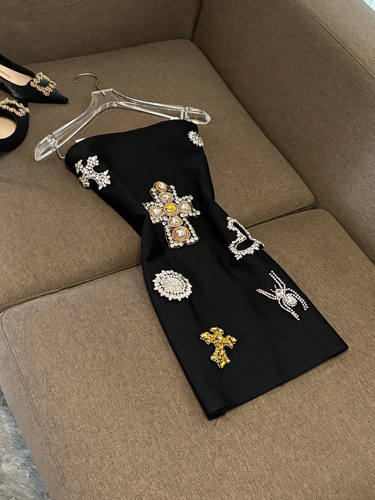 TWOTWINSTYLE Solid Spliced Diamonds Slimming Dresses For Women Strapless Sleeveless Backless Chic Dress Female Fashion KDR524979