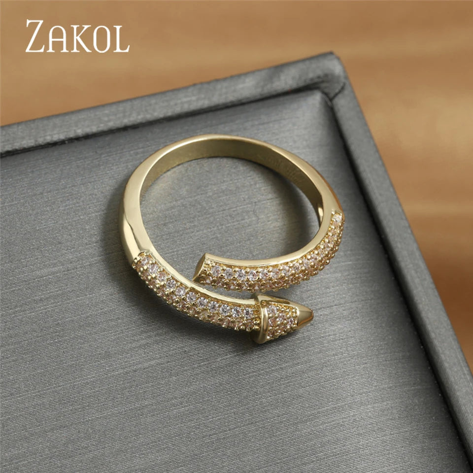 ZAKOL Luxury Sparkling Leaf Flower Micro-paved Zirconia Open Rings for Women Delicate Bridal Wedding Jewelry RP2034